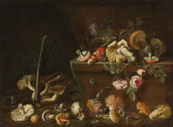 Natura morta con funghi e fiori